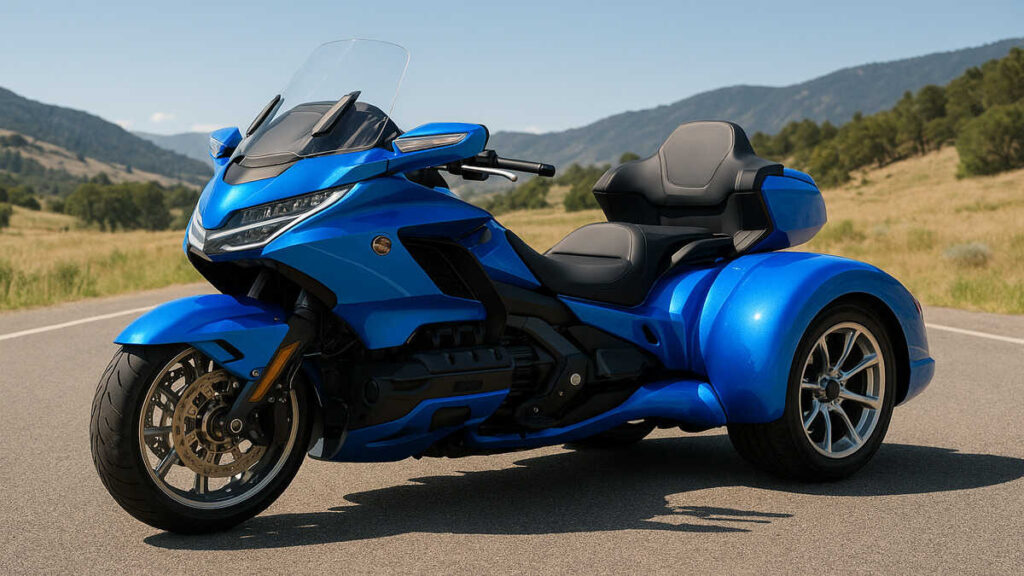 2026 Honda Gold Wing Trike in blue parked on a scenic road