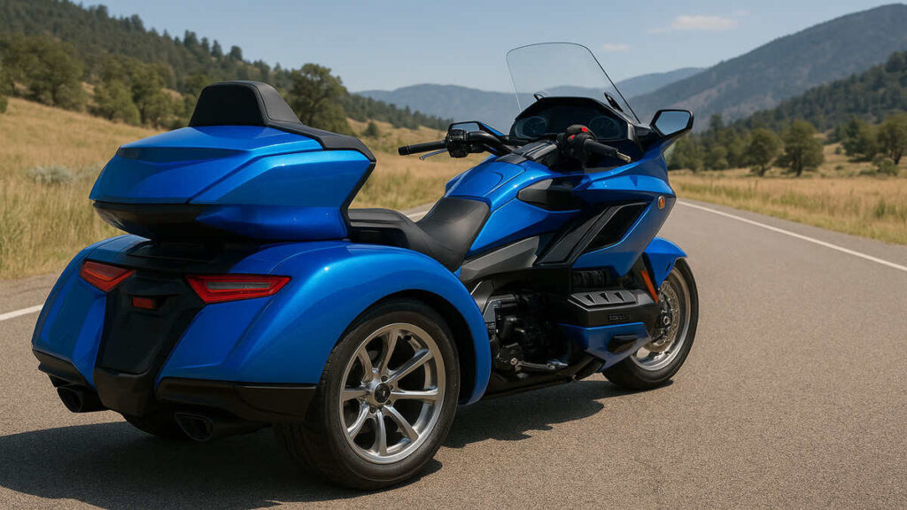 Rear view of the 2026 Honda Gold Wing Trike in blue
