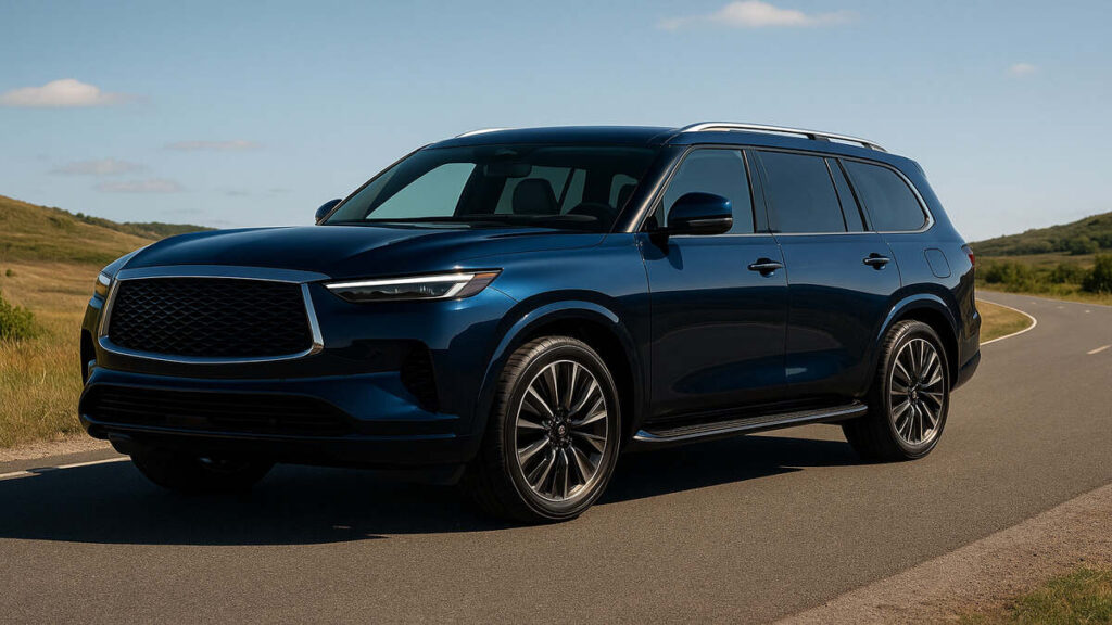 “2026 Infiniti QX80 in metallic deep blue parked on a scenic road in daylight”