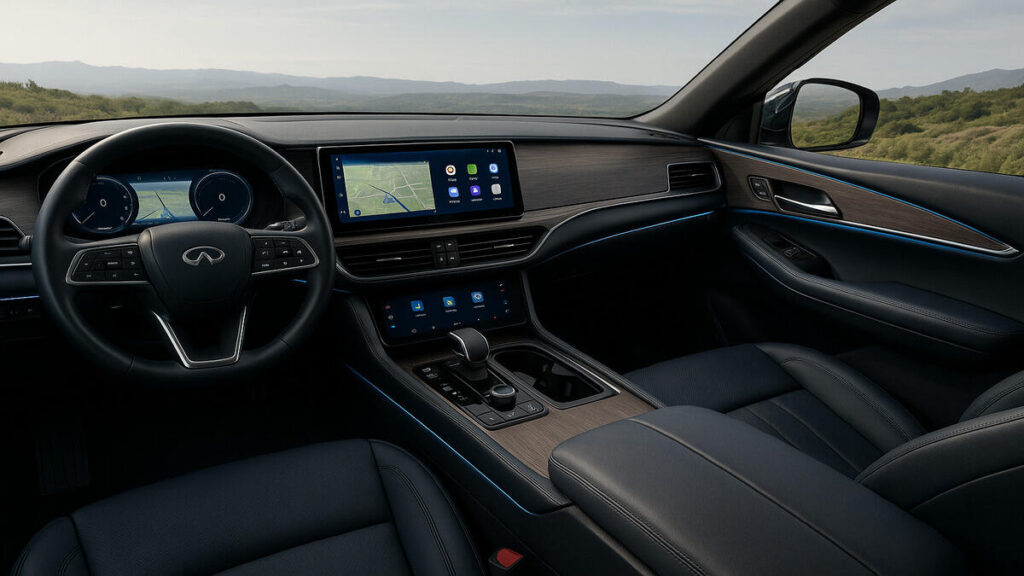 “2026 Infiniti QX80 interior with dashboard, dual screens and premium cabin design”
