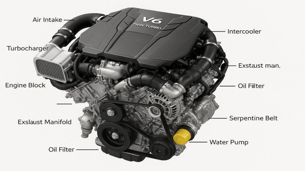 “2026 Infiniti QX80 V6 twin-turbo engine diagram with labeled parts including turbocharger, air intake, intercooler and serpentine belt”