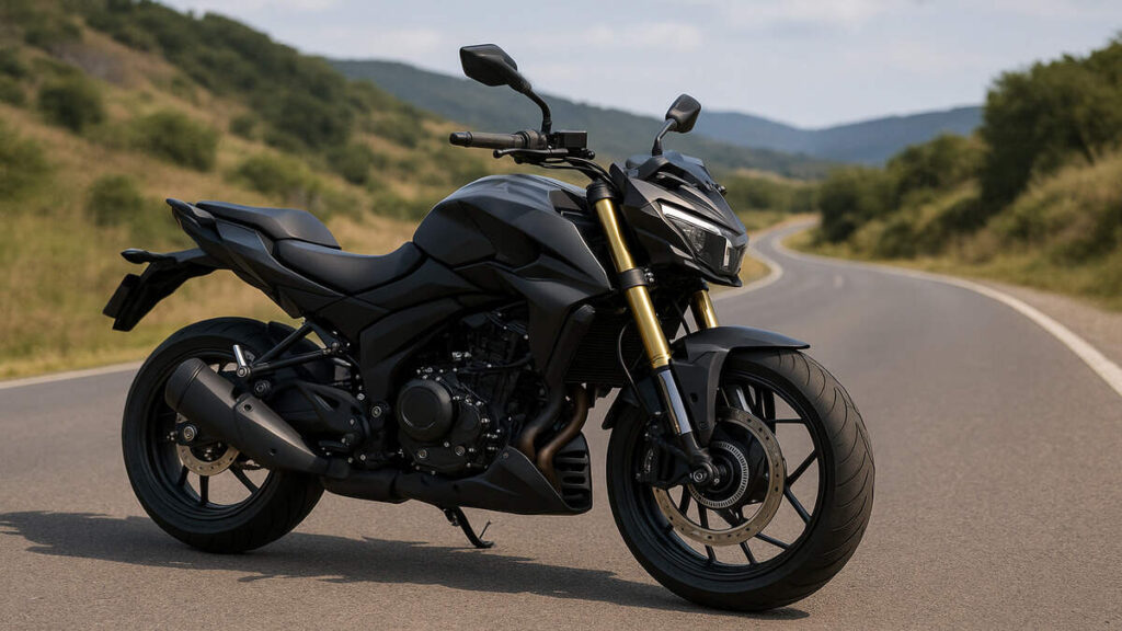 Black Bajaj Pulsar NS400 parked on a scenic mountain road in natural daylight