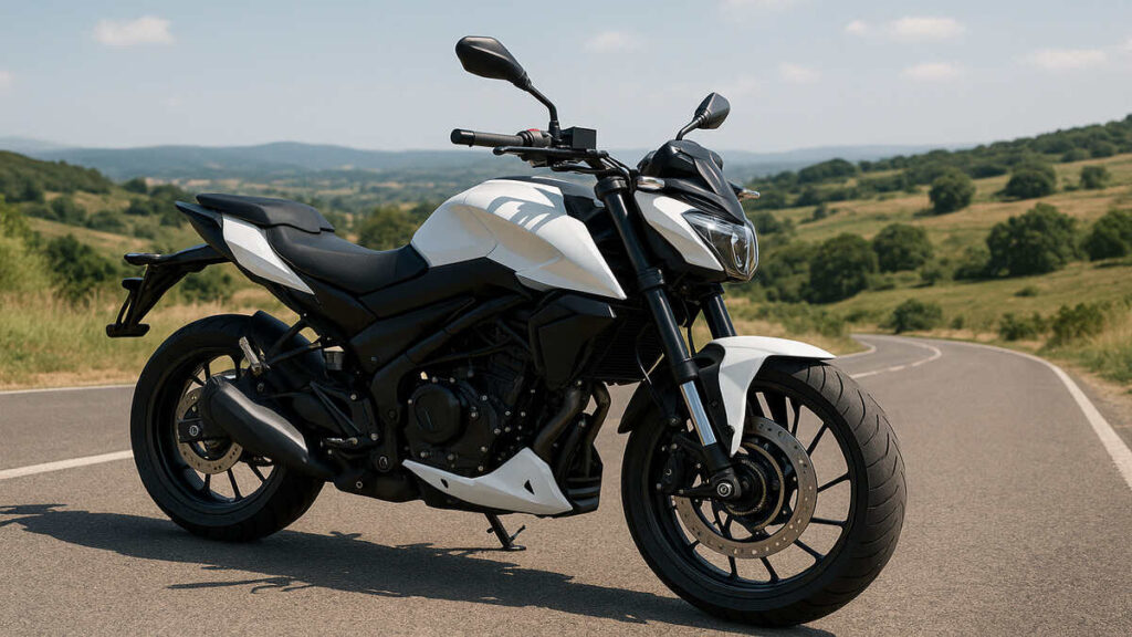 White Bajaj Pulsar NS400 parked on a scenic open road in natural daylight