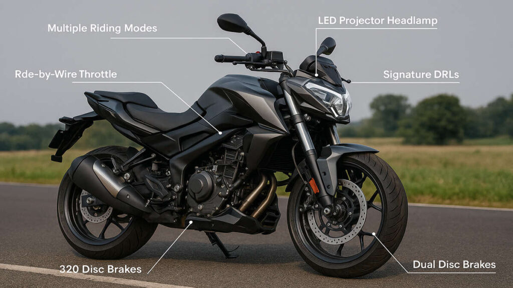 Black Bajaj Pulsar NS400 parked on a scenic open road in natural daylight