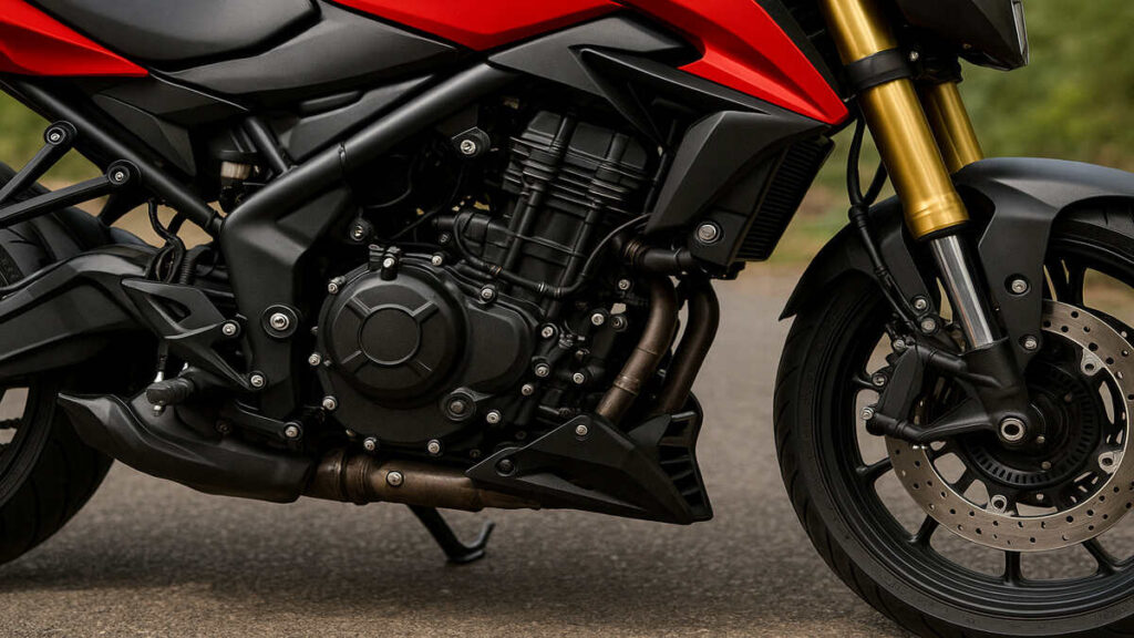 Bajaj Pulsar NS400 engine close-up showing performance parts in natural daylight