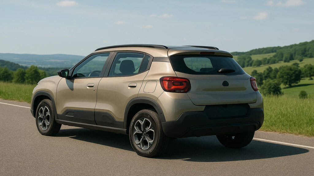 Rear view of the Citroen eC3 2024 parked on a scenic road