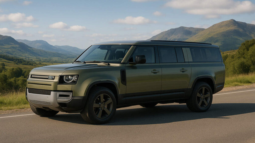 Defender 130 side view on a scenic open road