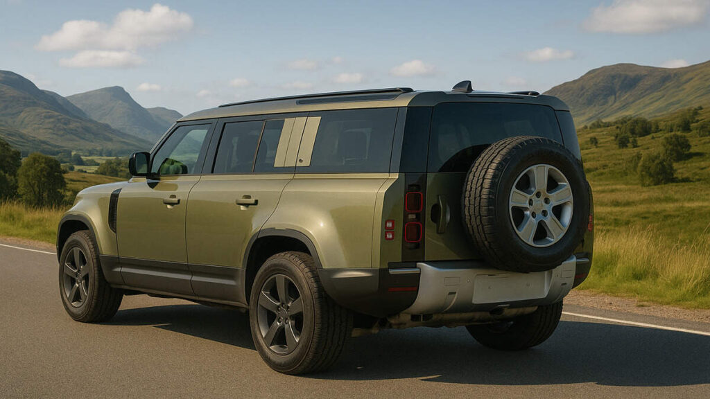 Defender 130 rear view on a scenic road