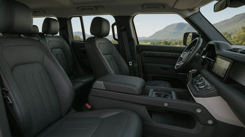 Defender 130 interior with front seats and dashboard