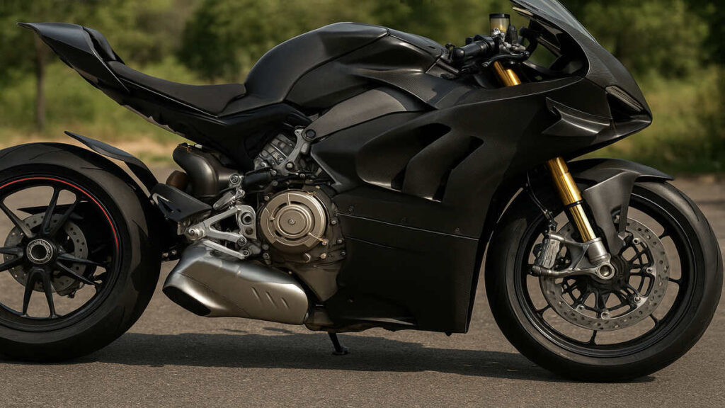 Ducati Superleggera V4 engine and mechanical side view in natural light
