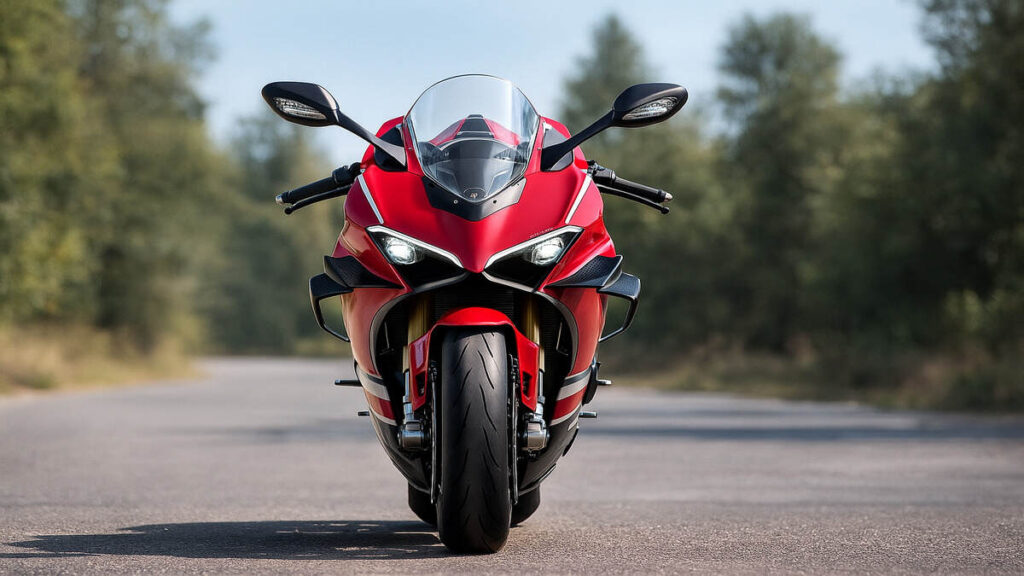 Ducati Superleggera V4 front face view on road in natural daylight
