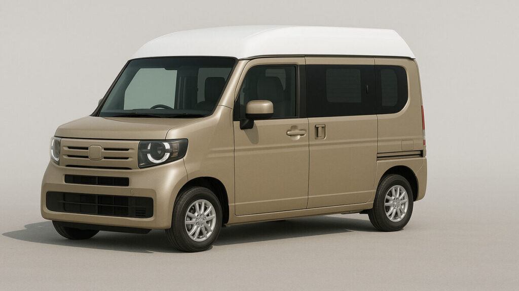 “Honda N Box Camper 2026 front three-quarter view in beige color, clean background.”
