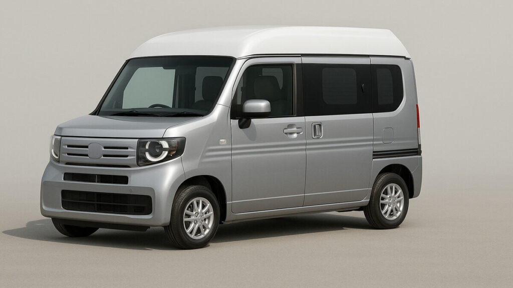 “Honda N Box Camper 2026 side view in Misty Silver color, clean background, daylight photo.”