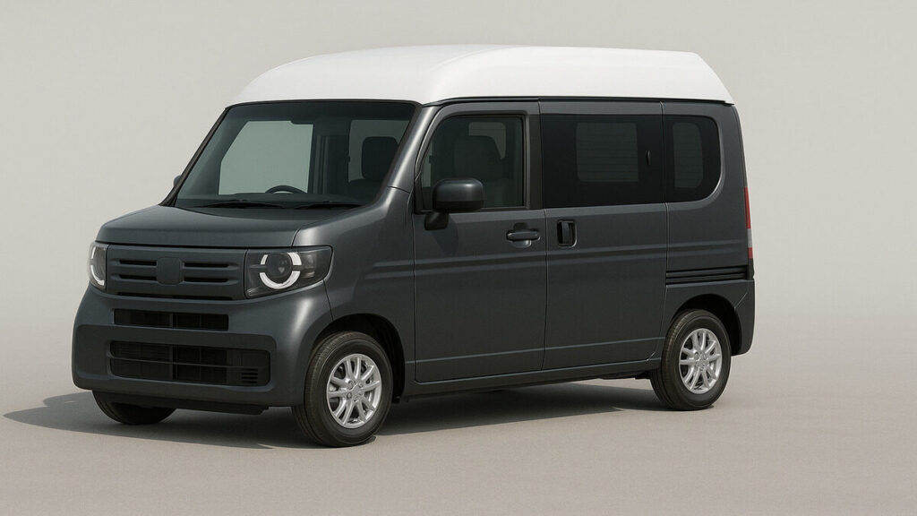“Honda N Box Camper 2026 front-side view in dark grey color on clean background.”
