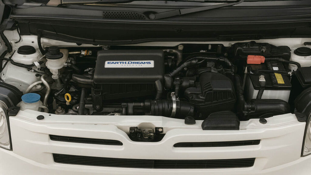 “Honda N Box Camper 2026 engine bay close-up in natural daylight.”