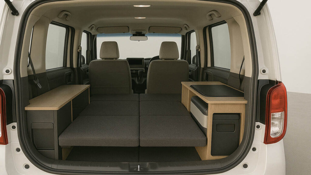 “Honda N Box Camper 2026 interior sleeping and storage setup rear view.”
