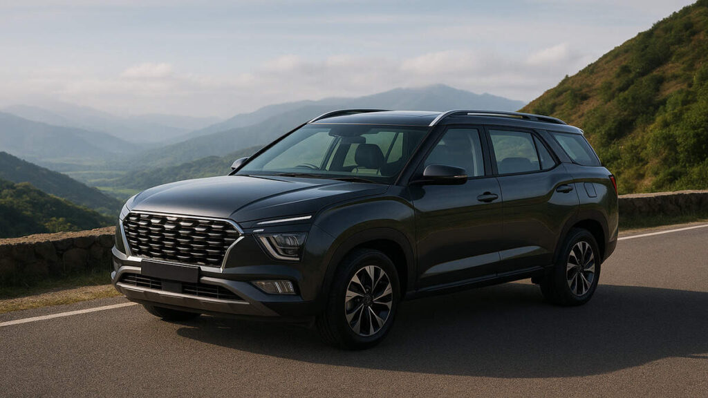 "Atlas White Hyundai Alcazar parked on a mountain road in natural daylight."