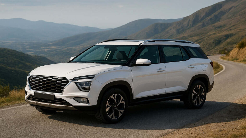 "Atlas White Hyundai Alcazar parked on a scenic mountain road in daylight with clear front-side view."