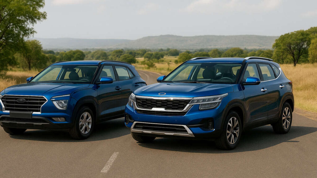 Hyundai Creta vs Kia Seltos blue colour comparison photo