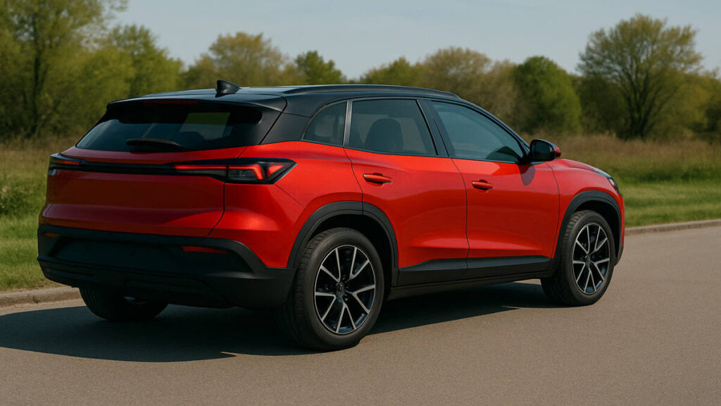 Red Mahindra XEV 9s electric SUV rear view on road