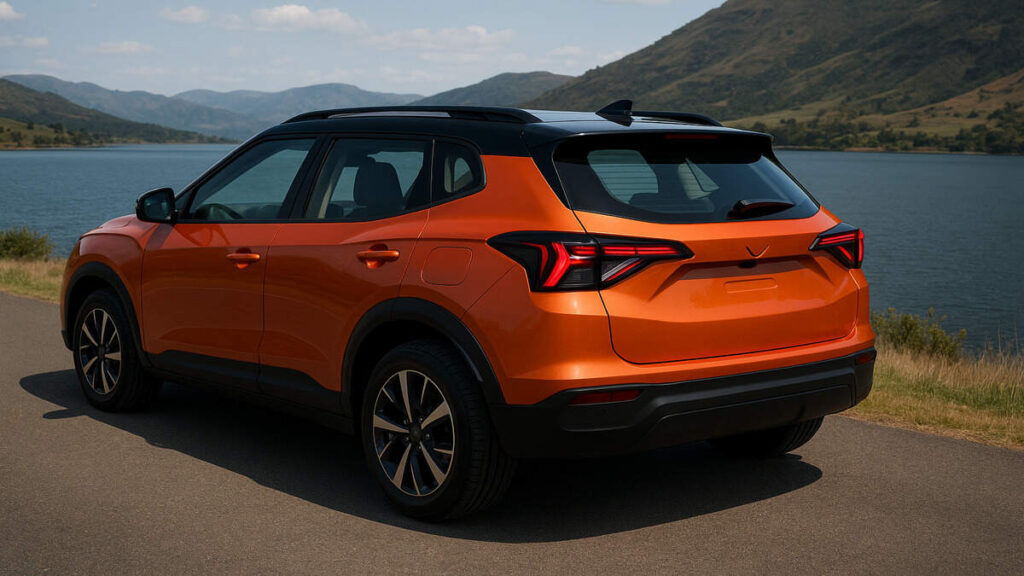 Mahindra XUV 3XO EV in orange colour photographed from the rear side near a lakeside