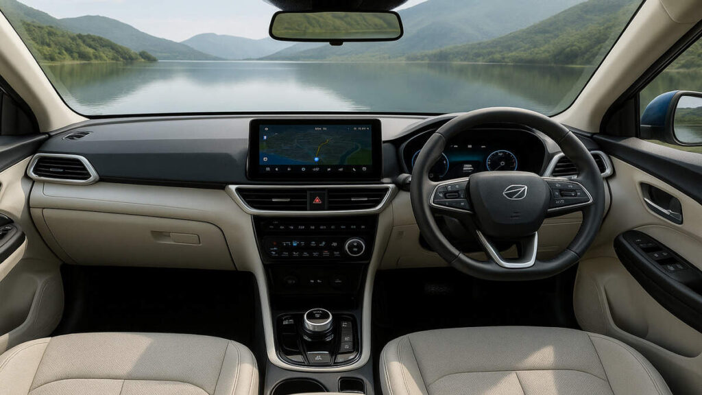 Mahindra XUV 3XO EV interior with dashboard, touchscreen and steering wheel