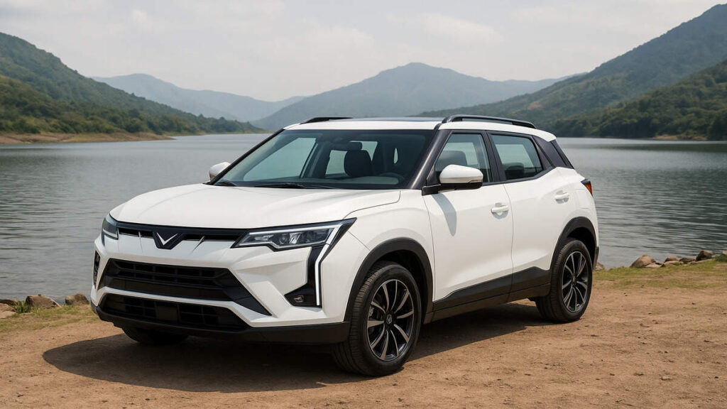White Mahindra XUV 3XO EV parked near a lakeside with hills in the background