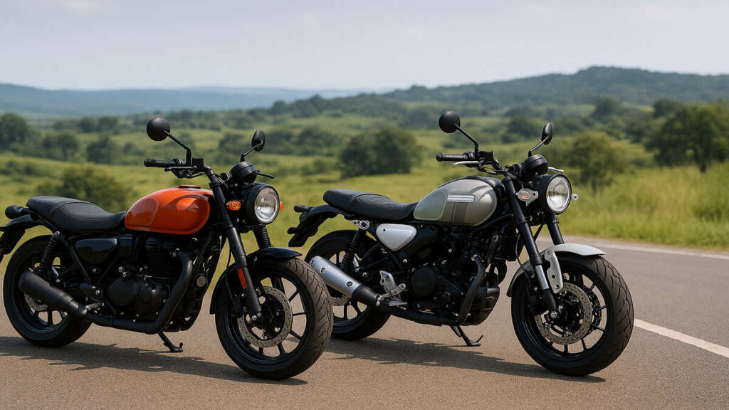 Royal Enfield Hunter 350 vs Yamaha XSR 155 comparison image on scenic road