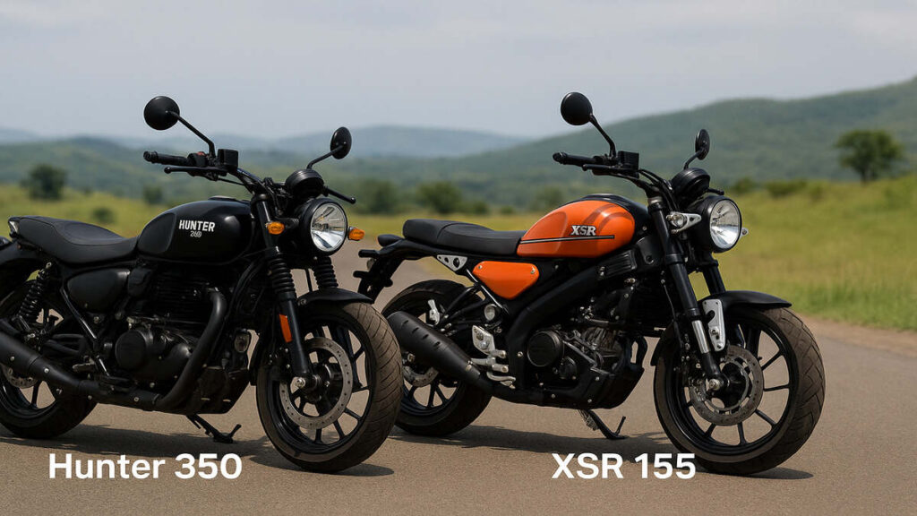 Royal Enfield Hunter 350 vs Yamaha XSR 155 comparison image on road
