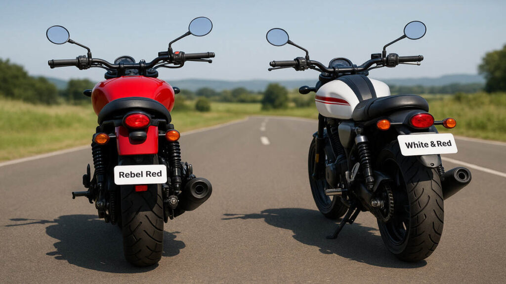 Royal Enfield Hunter 350 vs Yamaha XSR 155 rear view comparison on open road
