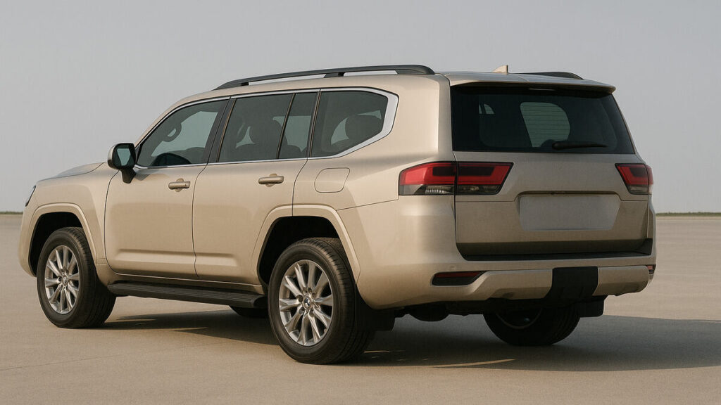 Toyota Land Cruiser 300 rear view in beige colour on plain background
