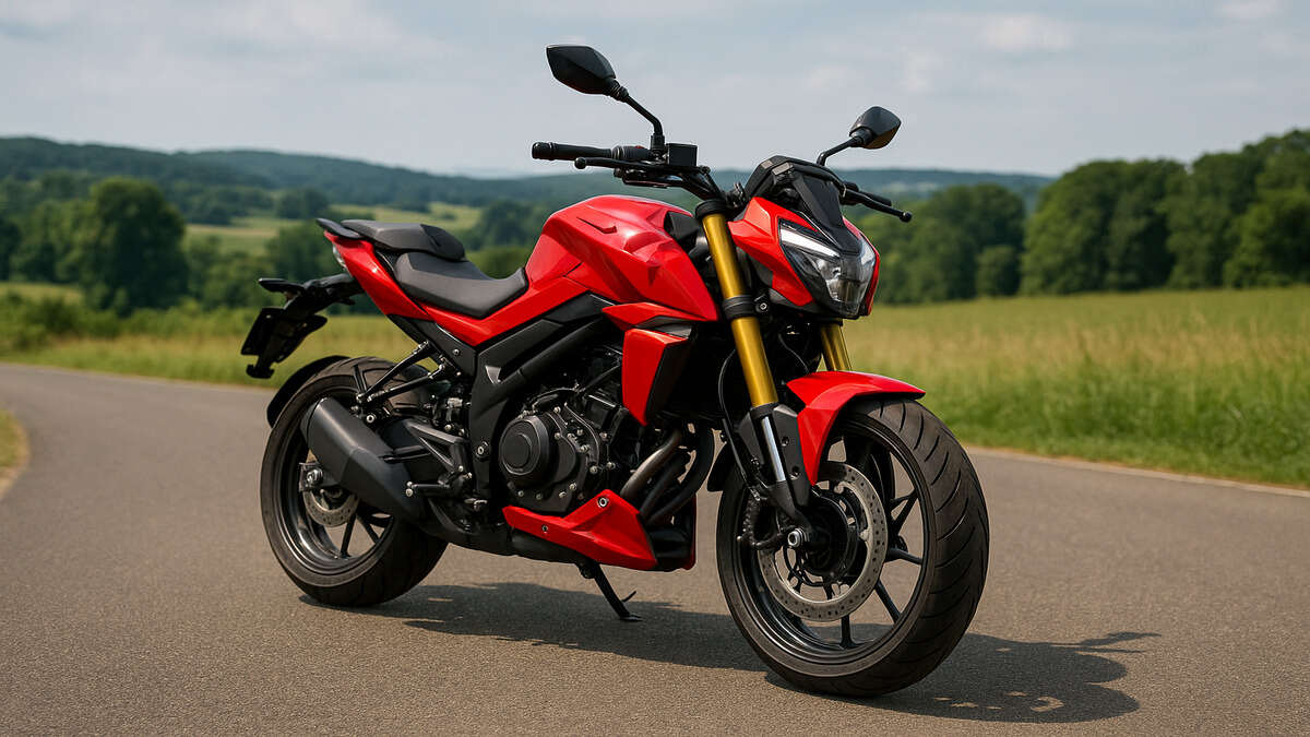 Red Bajaj Pulsar NS400 parked on a scenic road in natural daylight