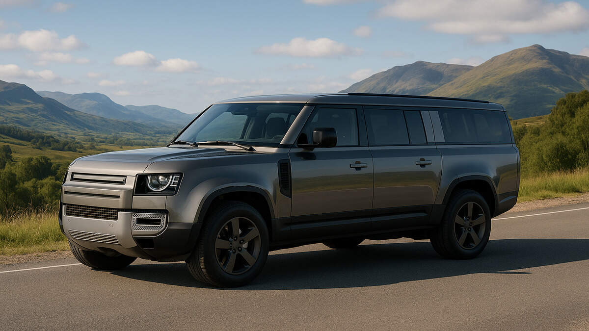 Land Rover Defender 130 parked on a scenic road