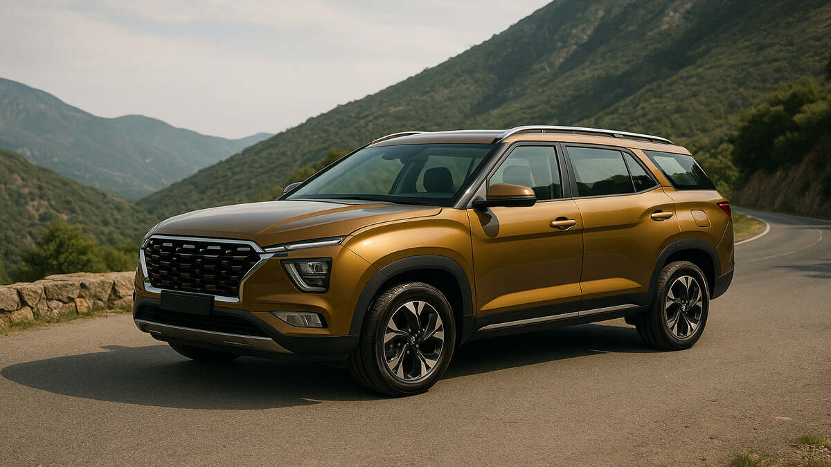 "Deep Golden Hyundai Alcazar parked on a scenic mountain road in natural daylight."