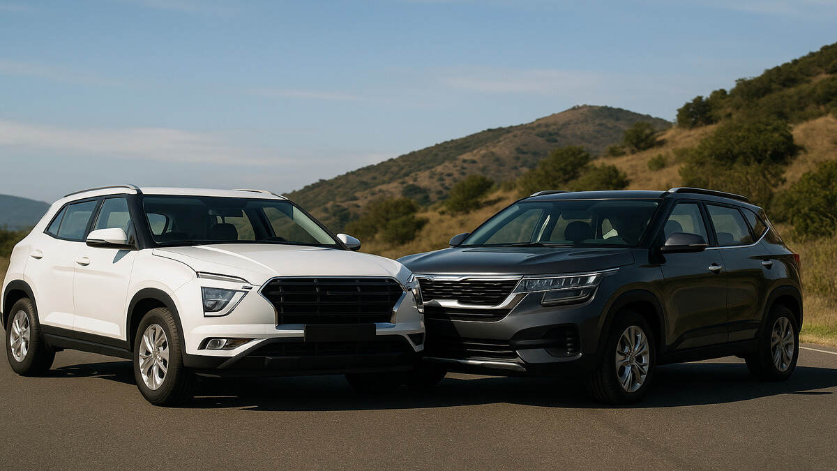 Hyundai Creta vs Kia Seltos comparison on a scenic road