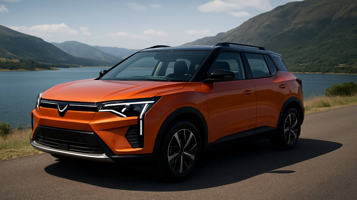 White Mahindra XUV 3XO EV parked near a lakeside with hills in the background