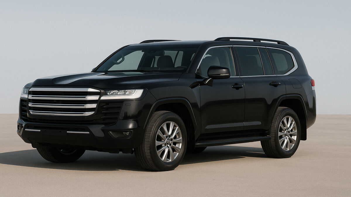 Toyota Land Cruiser 300 black colour front view on plain background